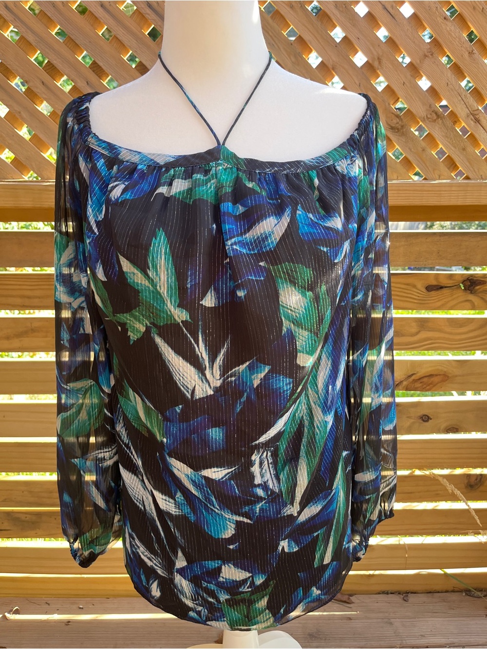 Women's Black Sheer Off-Shoulder Blouse with Blue & Green Leaf Print